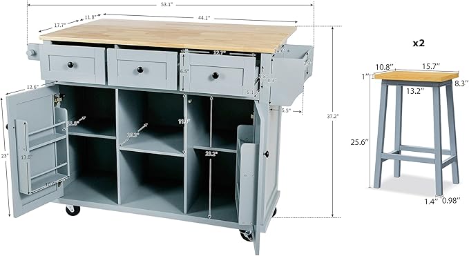Rolling Kitchen Island with 2 Bar Stools, Drop Leaf, Cabinet Door Storage Racks & 3 Drawers, Mobile Kitchen Cart with Rubberwood Top & Locking Wheels for Dining Room & Kitchen, 53-Inch, Grey Blue