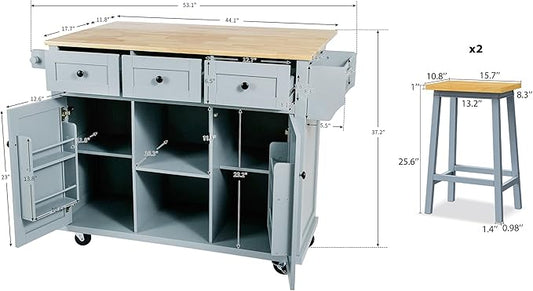 Rolling Kitchen Island with 2 Bar Stools, Drop Leaf, Cabinet Door Storage Racks & 3 Drawers, Mobile Kitchen Cart with Rubberwood Top & Locking Wheels for Dining Room & Kitchen, 53-Inch, Grey Blue