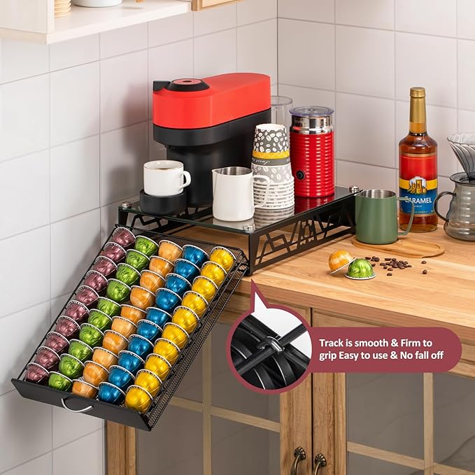 ZCDCP Pod Holder - Modern Sleek Black Metal Coffee Capsule Organizer for Nespresso Pod Storage Glass Top, Stylish Coffee Machine Stand for Coffee Bar, Office or Home Kitchen(50 Pods Capacity)