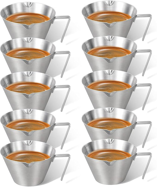 10Pcs Stainless Steel Espresso Cups, Double Spout Metal Espresso Measuring Cup with Handle, Dual Scale Espresso Shot Cup with V-Shaped Mouth, 3.4oz/100ml (Silver)