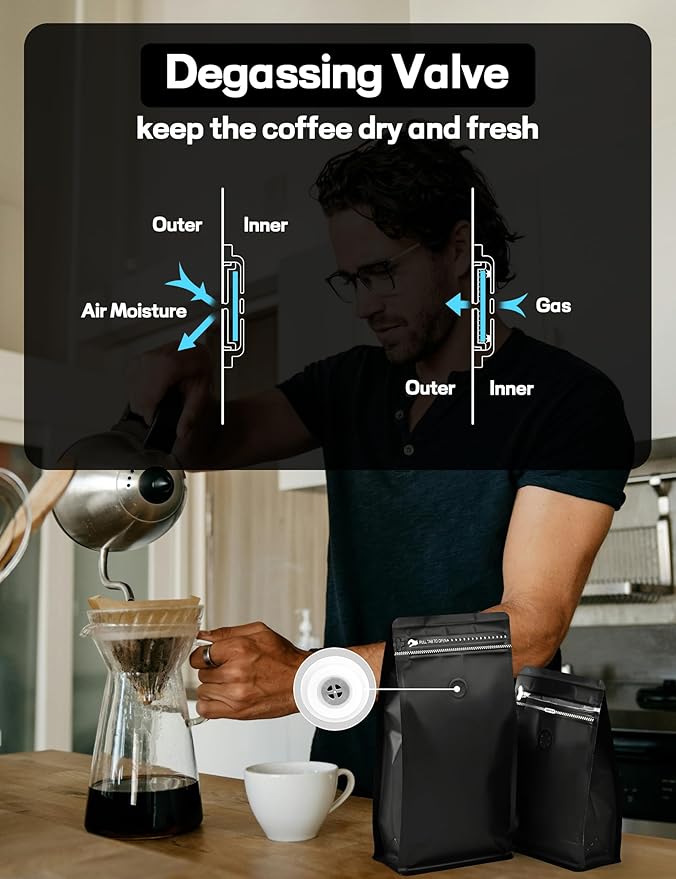FireKylin 100 PCS Coffee Bags with Valve, (16 oz, 1 lb) Stand Up Pouches, Resealable Vented Food Storage Bags Side Zipper(Black)