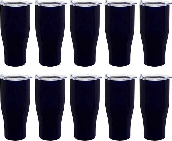 DISCOUNT PROMOS 10 Stainless Steel Grip Travel Mugs Set, 27 oz. - Vacuum Insulated, Plastic Lid - Blue