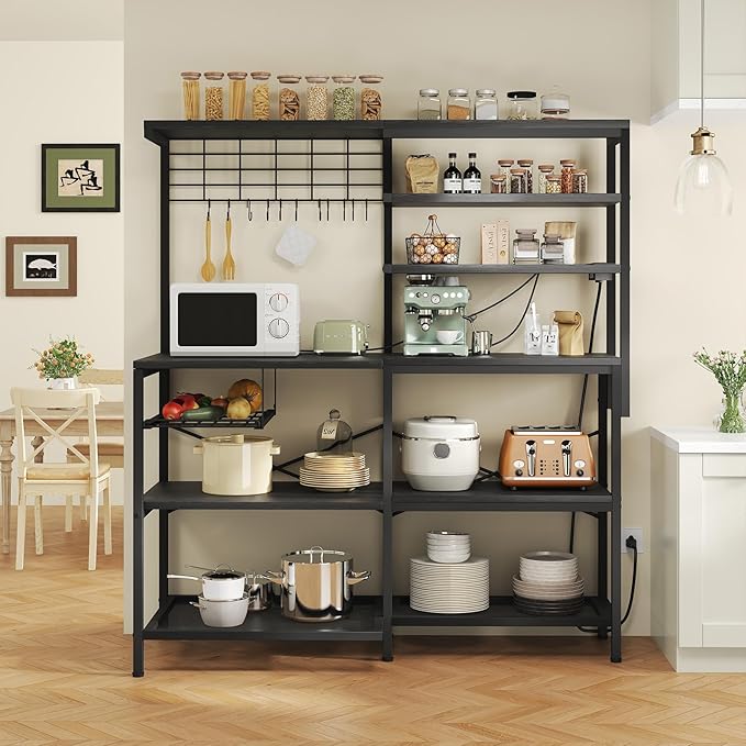 iabifo L-Shaped Bakers Rack with Power Outlet, 6-Tier Microwave Stand with Open Storage, Coffee Bar with Hooks, Mesh Grid, Kitchen Shelf with Wire Basket, Black