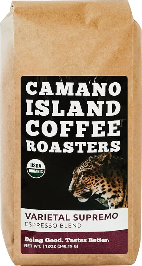 Camano Island Coffee Roasters Varietal Supremo Espresso Blend, Ground 12oz, Fresh Dark Roast, USDA Organic, Fairly Traded, Shade Grown Arabica, Chocolate, Caramel, Hint of Spice Flavor Profile