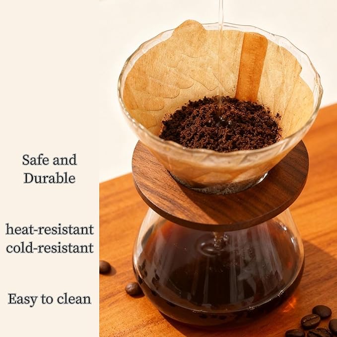 Glass Pour Over Coffee Dripper with Walnut Base, V60 Style Manual Drip Coffee Maker, 1–4 Cups Coffee Brewer for Home or Office
