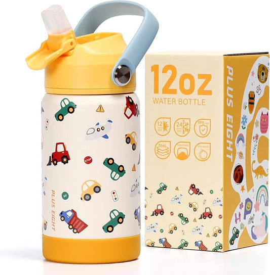 Kids Insulated Water Bottle with Straw Lid, 12 oz BPA-FREE Double Wall Vacuum Tumbler 18/8 Stainless Steel Leak Proof Kids Cups with Straw for School Travel Boys Girls (Yellow-Cars)
