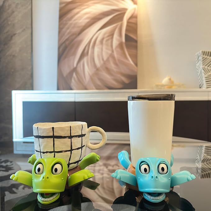 JOD® Turtle Cup Holder,Turtle Coaster with Funny Expression, 2 PCs Cup Holder with Liftable Limbs & Expressive Face for Turtles,Tortoise Lover Gag Gifts Home Decor(2pc-Light Green Blue)