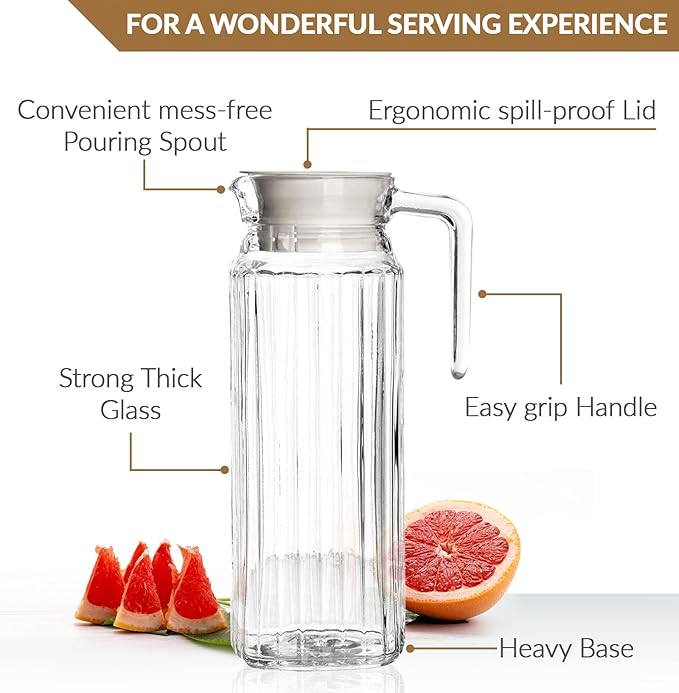 Glass Pitcher with Lid – Set of 2 34Oz Glass Water Pitcher – Cold Water Carafe For Ice Tea, Lemonade, Coffee – Elegant and Modern – Practical Spout Pitchers for Drinks