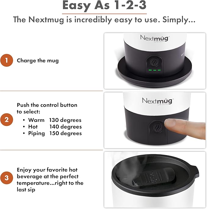 Nextmug Go - Temperature-Controlled, Self-Heating Travel Mug (White - 16 oz.)
