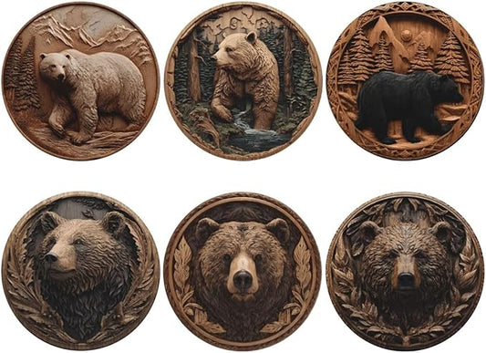 Bear Coasters for Drinks with Holder Round Leather Coasters Set of 6 Cups Mugs Mat Pad for Home Kitchen Bar