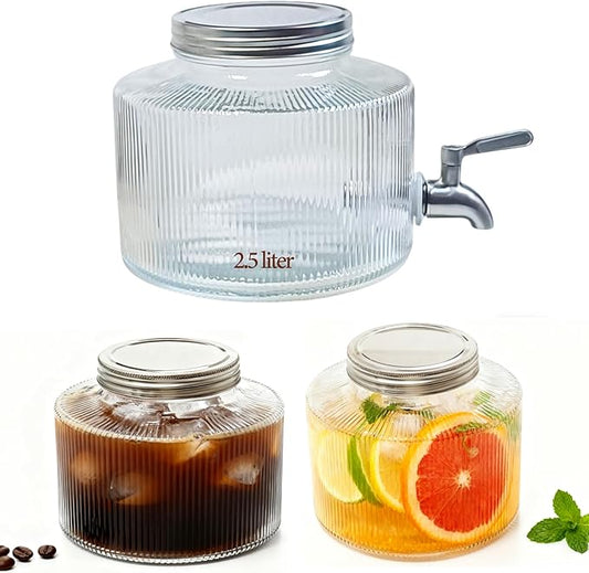 Small Drink Dispenser for the Fridge-2.5L Glass Beverage Dispenser with Leak-Proof Stainless Steel Spigot and Filter Bag Mason Jar Design Perfect for Cold Brew Coffee Iced Tea and Lemonade
