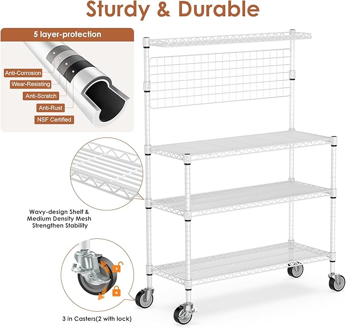Leteuke 42 Inch Bakers Rack with Wheels, 4-Tier Microwave Stand Kitchen Cart, Heavy Duty Utility Kitchen Cart, Microwave Cart Storage Rack with 20 S-Hooks & Shelf Liners, 42× 18× 63 Inch, White