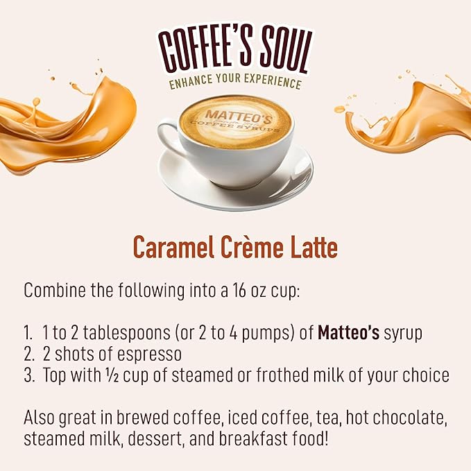Matteo's Caramel Creme for Coffee, Lattes, Cappuccinos & Desserts – Sugar-Free Sweetener for Beverages, Keto Friendly, Zero Calories, Indulgent Flavor, Non-Alcoholic, Ideal for Hot Drinks 33.8oz (6pk)