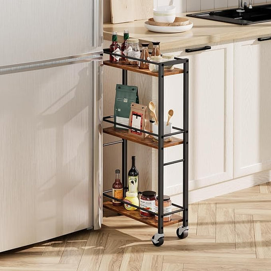 Slim Rolling Cart, Mobile Kitchen Cart on Wheels, Narrow Storage Cart for Small Space, Wooden Service Cart, for Bathroom, Laundry, Living Room, Rustic Brown RCHR1501Z