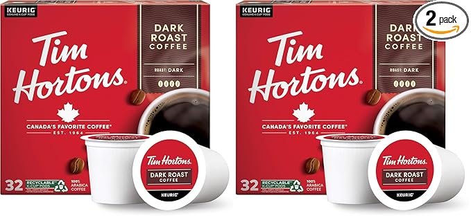 Tim Hortons Dark Roast Coffee, Single-Serve K-Cup Pods Compatible with Keurig Brewers, 32ct K-Cups,Red (Pack of 2)