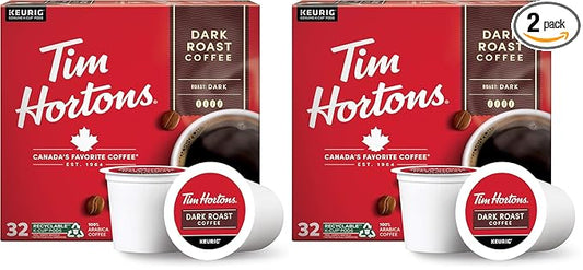 Tim Hortons Dark Roast Coffee, Single-Serve K-Cup Pods Compatible with Keurig Brewers, 32ct K-Cups,Red (Pack of 2)