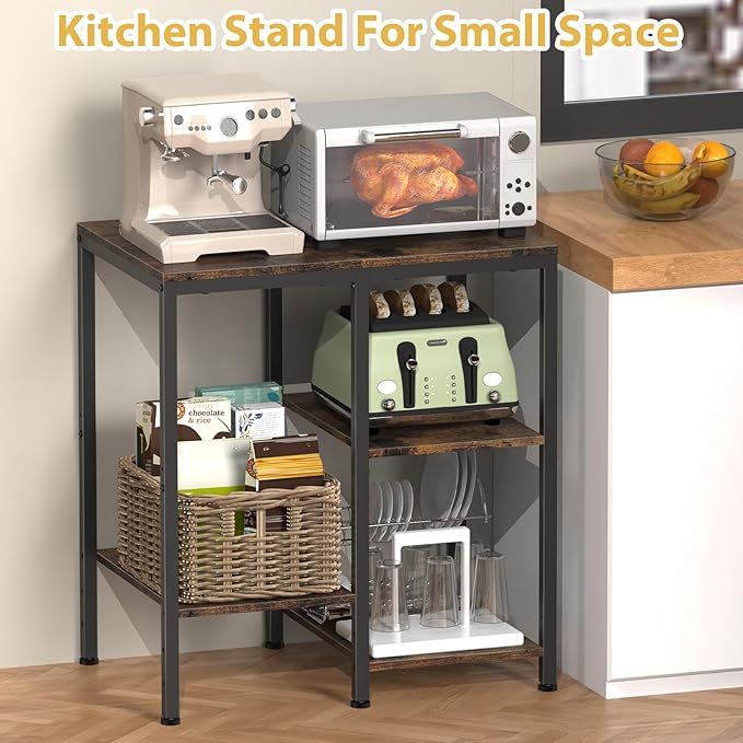 Kitchen Microwave Stand,4-Tier Adjustable Bakers Rack, Microwave Cart with Storage, Small Coffee Bar Table Appliance Shelf for Living Room,Office,Rustic Brown