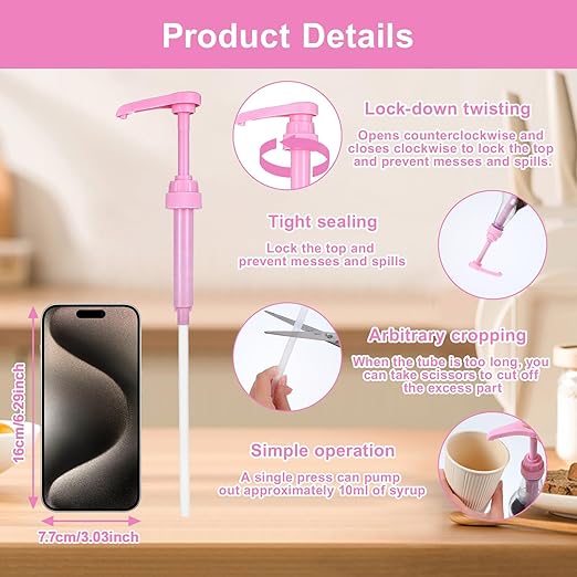 16 Pcs Coffee Syrup Pump with 16 Pcs Tubes, Pink Plastic Replacement Pumps for Bottles 750 ml - 1 L for Coffee, Flavorings, Reusable Syrup Pump Dispenser