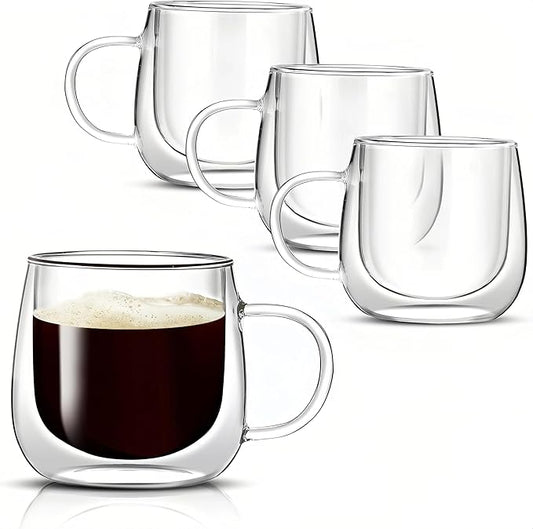 12oz Double Walled Glass Coffee Mugs Set of 4, insulated glass coffee cups, coffee mugs with handle, clear coffee cups for Espresso, Cappuccino, Latte, Americano, Tea,12oz (4 Pack)