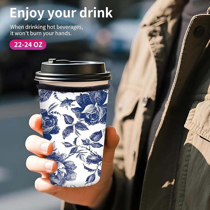 Reusable Neoprene Insulator Sleeve for Iced Coffee Cups, Medium 22-28oz Durable Drink Sleeve for Cold Beverages, Cute Beverage Holder Cup Sleeve for Women Men Cute Blue Floral