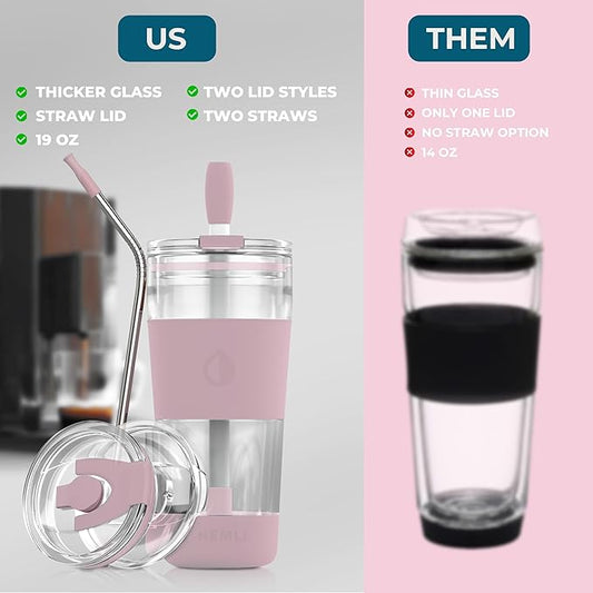 19 oz. Double Wall Glass Coffee Tumbler, To Go Travel Mug with Lid, Portable Glass Thermos with Straw, Reusable Cup, Tea, Smoothies, Ice Coffee, and Boba