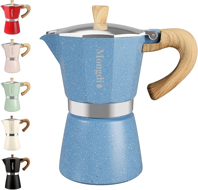 Mongdio Stovetop Espresso Maker Moka Pot, Cuban Coffee Maker Stove top coffee maker Moka Italian Espresso Greca Coffee Maker Brewer Percolator, 6 Espresso Cups, 10 oz - Blue