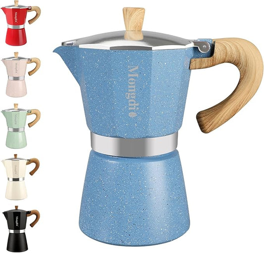 Mongdio Stovetop Espresso Maker Moka Pot, Cuban Coffee Maker Stove top coffee maker Moka Italian Espresso Greca Coffee Maker Brewer Percolator, 6 Espresso Cups, 10 oz - Blue