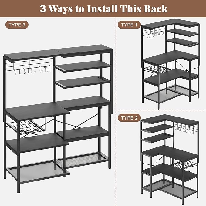 iabifo L-Shaped Bakers Rack with Power Outlet, 6-Tier Microwave Stand with Open Storage, Coffee Bar with Hooks, Mesh Grid, Kitchen Shelf with Wire Basket, Black
