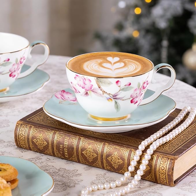 KAMMAK Ceramic Coffee Cups Saucers Set of 2, Porcelain Espresso Cups with Saucers, 5.41 oz Handmade Elegant Bone China Tea Cup, Ceramic Floral Pattern Demitasse for Latte, Americano, Cappuccino