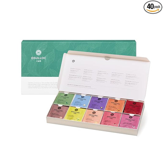 OSULLOC Premium Tea Collection (40 count, 10 flavors x 4 ea), Self Care Sampler Gift Box, Premium Organic Pure & Blended Tea from Jeju