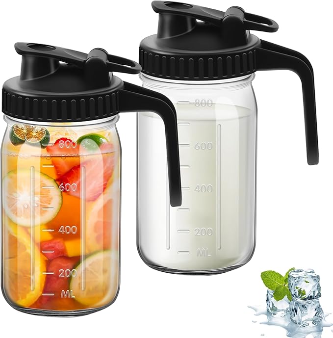 2Pcs Wide Mason Jar Pitcher,32oz Glass Pitcher with Lid Double Leak-proof with Handle Water Jug Wide Mouth Breast Milk Fridge Container for Water, Juice (32oz Black 2pc)
