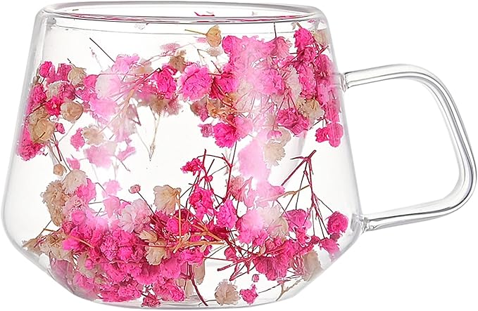 200ML Double Wall Insulated Cup Clear Glass Mug with Handle Preserved Flower Mug Floral Glass Real Coffee Cup with Protective Sleeve and Case Pink 200ML