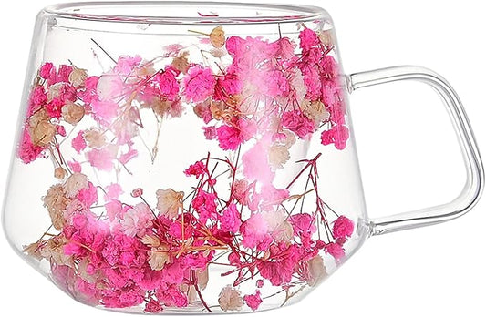 200ML Double Wall Insulated Cup Clear Glass Mug with Handle Preserved Flower Mug Floral Glass Real Coffee Cup with Protective Sleeve and Case Pink 200ML