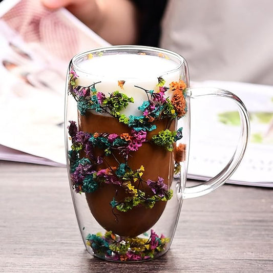 Double Wall Coffee Mugs, 5.71 IN Insulated Glass Coffee Mugs with Handle Aesthetic Dried Flowers Cups with Handles Clear Glass Cups Large Coffee Mug for Hot Drinks Tea (C)