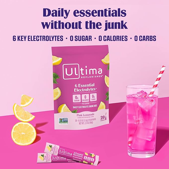 Ultima Replenisher Daily Electrolyte Powder – Pink Lemonade, 20 Stickpacks – Zero Sugar Hydration Packets with 6 Electrolytes and Minerals – Sugar Free, Plant Based & Keto Friendly Drink Mix
