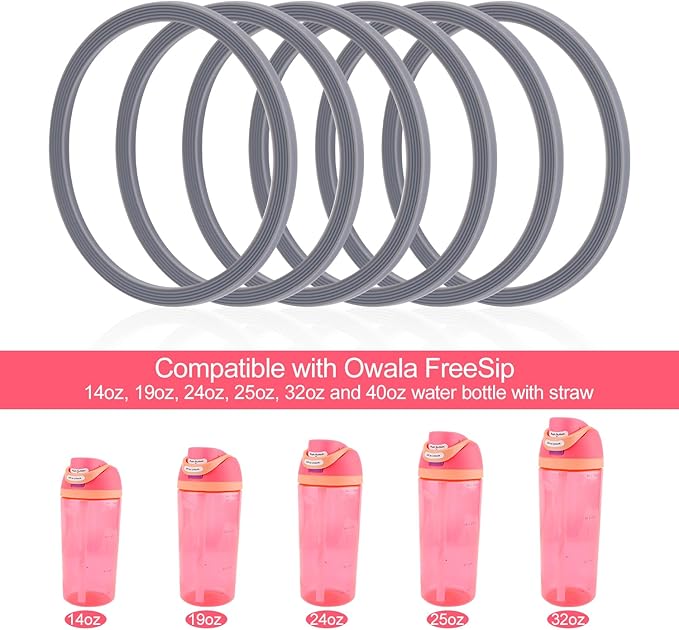 6 Pack Water Bottle Gasket Replacement for Owala FreeSip, Silicone Lid Seal O Ring Sealing Gaskets Replacement Parts Accessories Compatible with Owala Stainless Steel Cup (Grey)