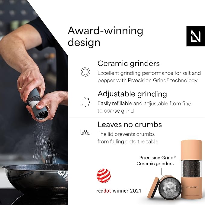 LARS NYSØM Salt and Pepper Grinder Set, Manual Salt and Pepper Mills with Adjustable Ceramic Grinder, Design Spice Shaker Set (Creamy Peach)