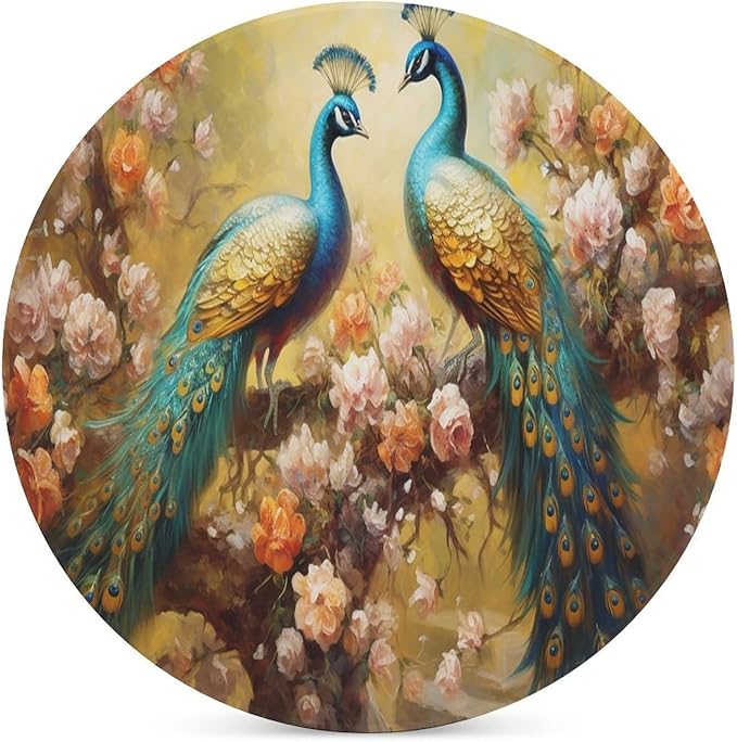 Peacock Drink Coasters, Round Ceramic Drink Coaster Round-4PCS, Vintage Art Beautiful Plant Floral Green Peacock Decor Absorbent Ceramic Coasters for Beverage Cup, Bar, Coffee Table
