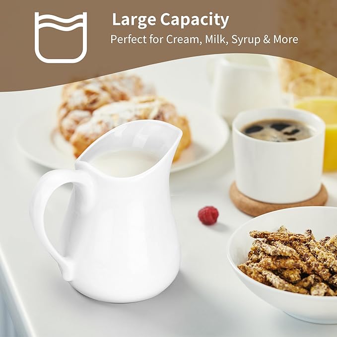 2 Pack Cream Pitcher 17 OZ Ceramic Cream Pitcher with Handle, White Sauce Pitcher Porcelain Milk Pourer for Sauces, Jam, Coffee
