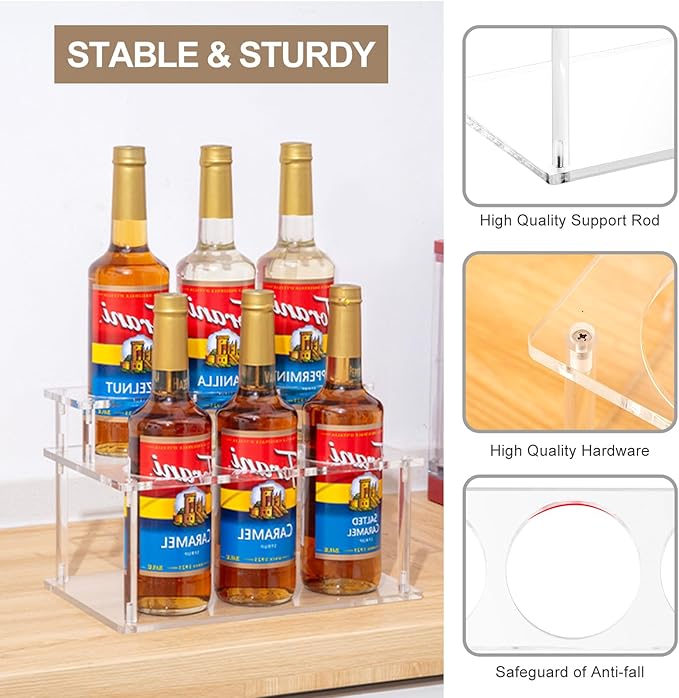 ODPEOZT Acrylic Coffee Syrup Organizer, 2 Tier Coffee Syrup Rack (6 Bottle Capacity), Syrup Bottle Holder Stand for Coffee Bar, Kitchen Countertop Syrups, Condiments and Wine (Transparent)