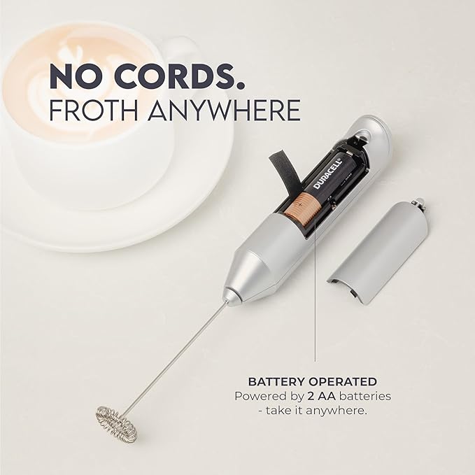 Zulay Kitchen Powerful Milk Frother AA Batteries Included – Ultra Fast Handheld Drink Mixer with Stainless Steel Whisk Stirrer for Coffee, Protein, Matcha & More, Frother Wand Electric Frothmate