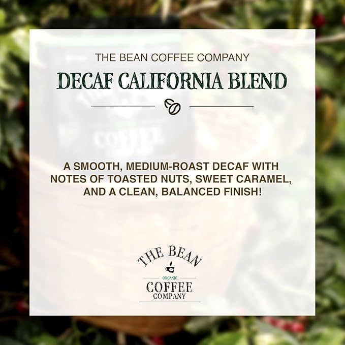 The Bean Organic Coffee Company Water Processed DECAF California Blend, Medium Roast, Ground Coffee, 16-Ounce Bags (Pack of 2), Café Molido Tostado Orgánico descafeinado