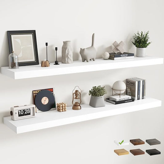 Floating Shelves for Wall with Invisible Brackets, Wall Mounted Engineered Wood Shelves with Wood Grain for Living Room, Bedroom, Bathroom, Kitchen Decor and Storage, Oak, 71"L Set of 2, White