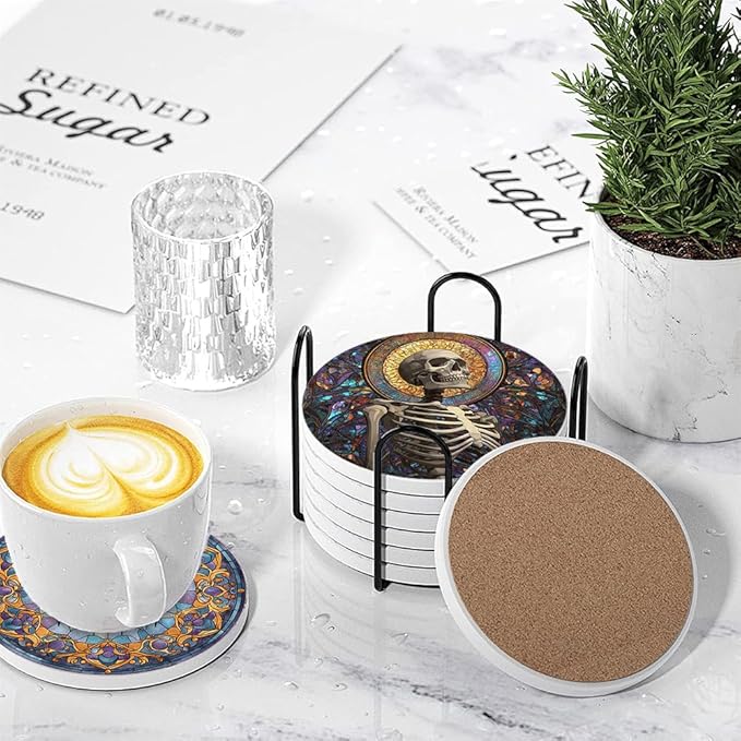 LOKMU Coasters for Drinks, Round Absorbent Ceramic Stone Coaster Sets of 6 with Metal Holder Stand, Stained Glass Halloween Pattern Coasters with Cork Base for Coffee Wooden Table, Housewarming Gifts