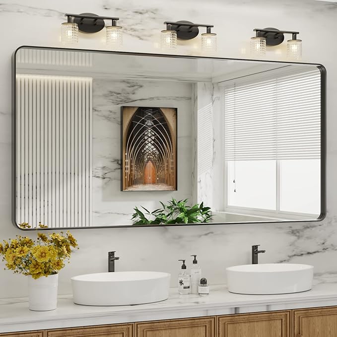 LOAAO Black Metal Framed Bathroom Mirror for Wall, Large 72X32 Inch Rounded Rectangle Mirror, Matte Black Bathroom Vanity Mirror Farmhouse, Anti-Rust, Tempered Glass, Hangs Horizontally or Vertically
