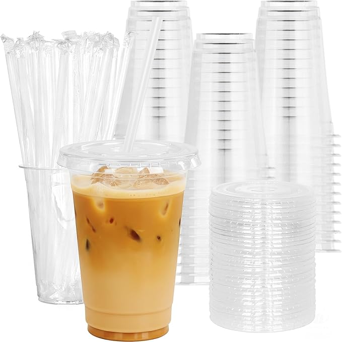 Coolcap 20 oz 100 Pack Disposable Clear Plastic Cups with Lids and Straws, Food Safe Bulk Iced Coffee Cups for Smoothies, Milkshakes and Other Cold Drinks