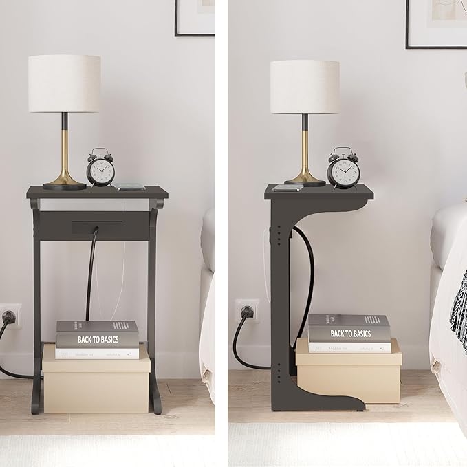TUTOTAK C Shaped End Table with Charging Station, Side Table, Couch Table for Small Spaces, Tv Tray Table with 2 USB Ports and Outlets, Living Room, Bedroom TB01BK044