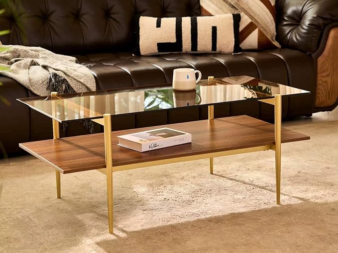 Shrine Rectangle Coffee Table, Mid-Century Modern Design, 2-Tier Structure, Amber Glass Top and Walnut MDF Shelf, 41" D x 21" W x 17" H, Sleek Conical Metal Legs with Gold Finish
