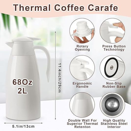 Norme 2 Pcs Thermal Coffee Carafe Insulated Stainless Steel Coffee Carafe for Hot Liquid Vacuum Thermal Pot Creamer Pitcher Dispenser with Brushes Keeping Hot Water Milk(Beige,68 oz)