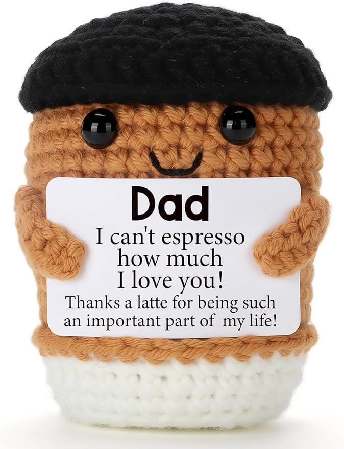 Mini Funny Coffee Dad Gifts from Daughter Son Wife, Handmade Crochet Fathers Day Birthday Gift for Daddy Bonus Step New First Time Dad Husband, Office Desk Decor Handmade Emotional Coffee